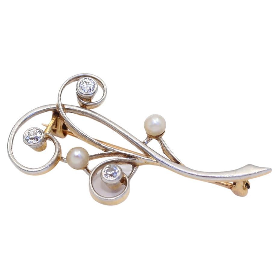 Platinum Gold Old-Mine Diamonds Pearl Brooch, 1930 For Sale