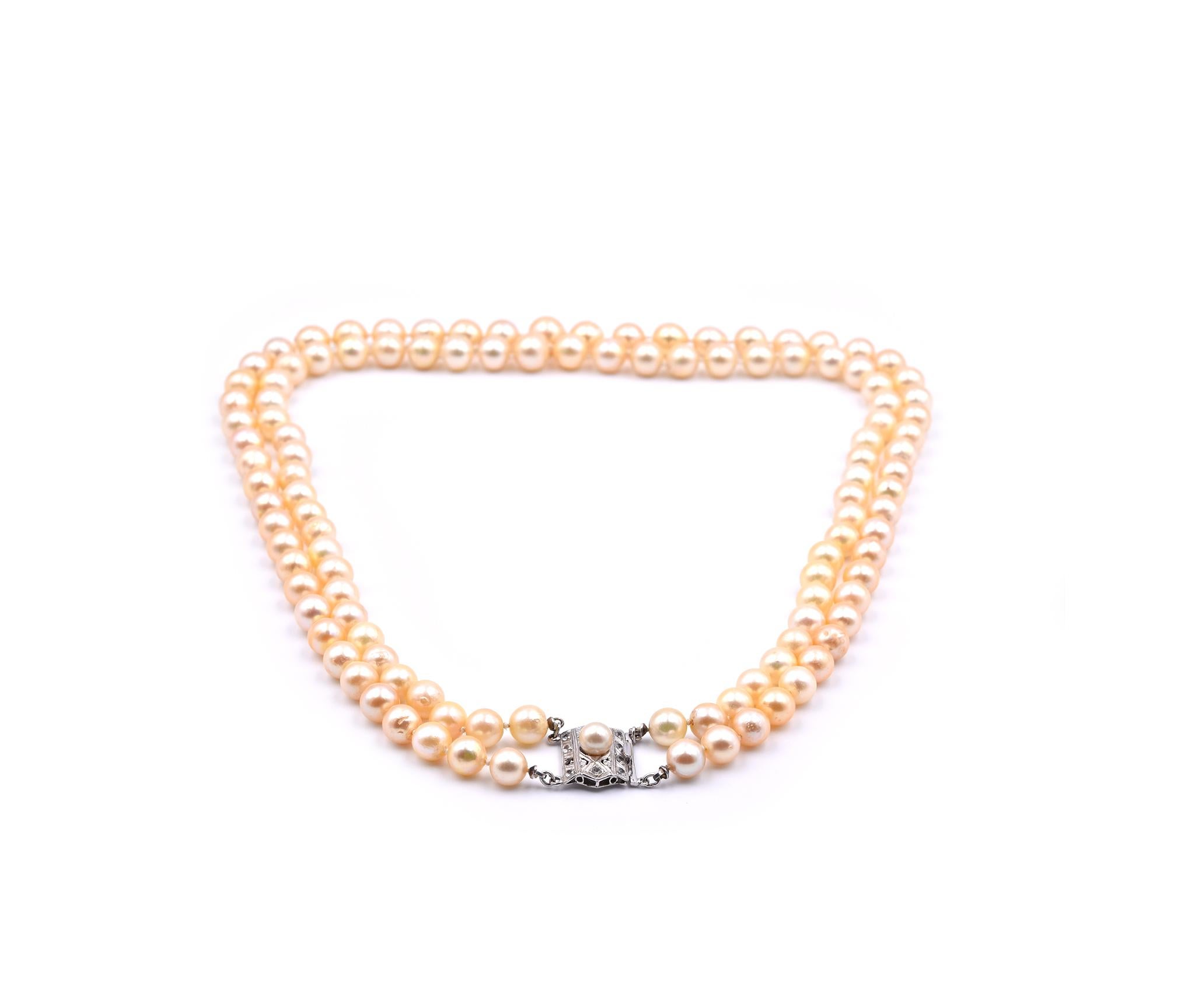Platinum Golden Akoya Cultured Strand Pearl Necklace with White Sapphires In Excellent Condition In Scottsdale, AZ