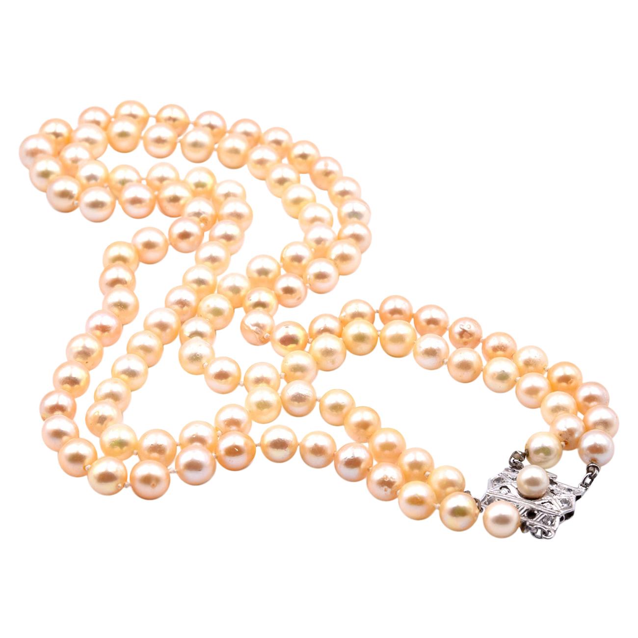 Platinum Golden Akoya Cultured Strand Pearl Necklace with White Sapphires