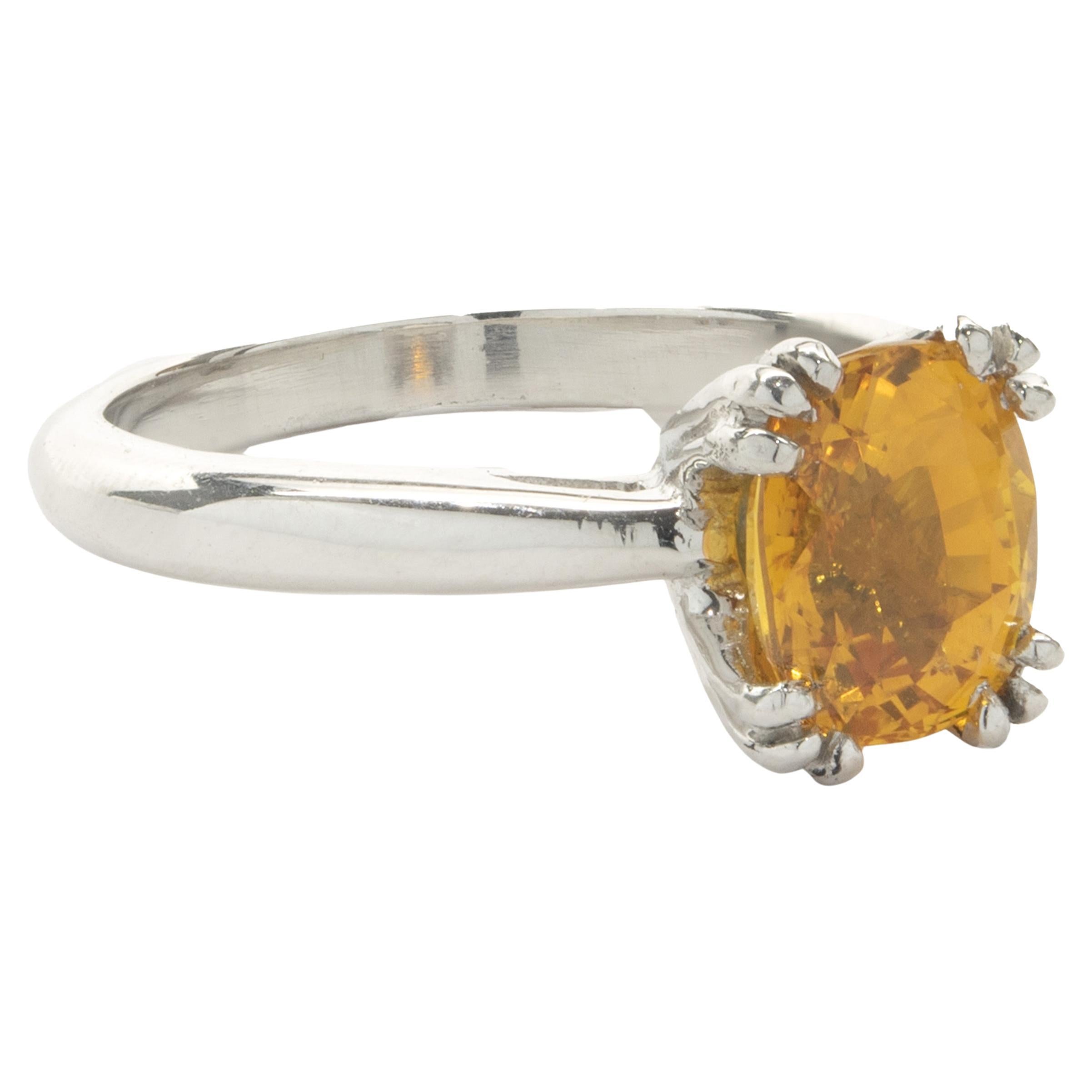 Designer: custom
Material: Platinum
Yellow Sapphire: 1 cushion cut = 2.51ct
Clarity: AAA+
Dimensions: ring top measures 9.25mm wide
Ring Size: 6.75 (complimentary sizing available)
Weight: 7.88 grams