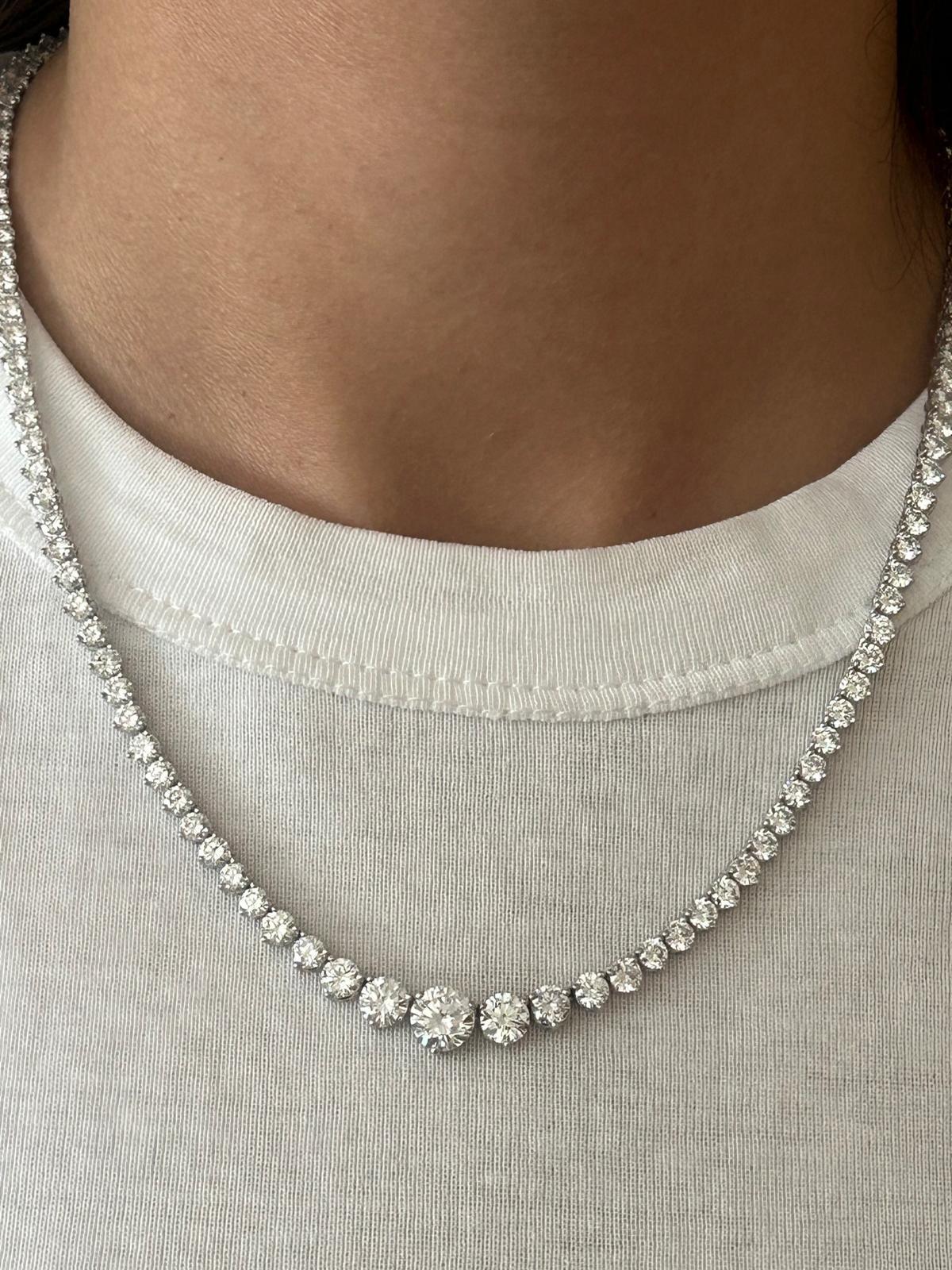 Modern Platinum Graduated Diamond Necklace, 15.20 Carat Total, E Color, VS Clarity For Sale