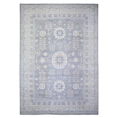 Platinum Gray Soft Wool Hand Knotted Stone Washed Peshawar Rug 10'0" x 14'1"