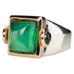 Platinum Green Agate Cabochon Cut Tourmaline Art Deco Style Cocktail Ring