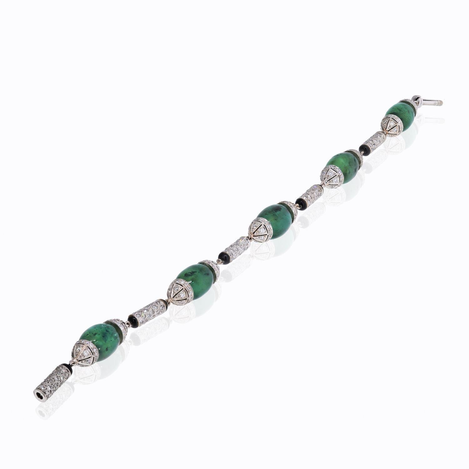 Modern Platinum Green Emerald Cabochon Cut Link Diamond Station Bracelet