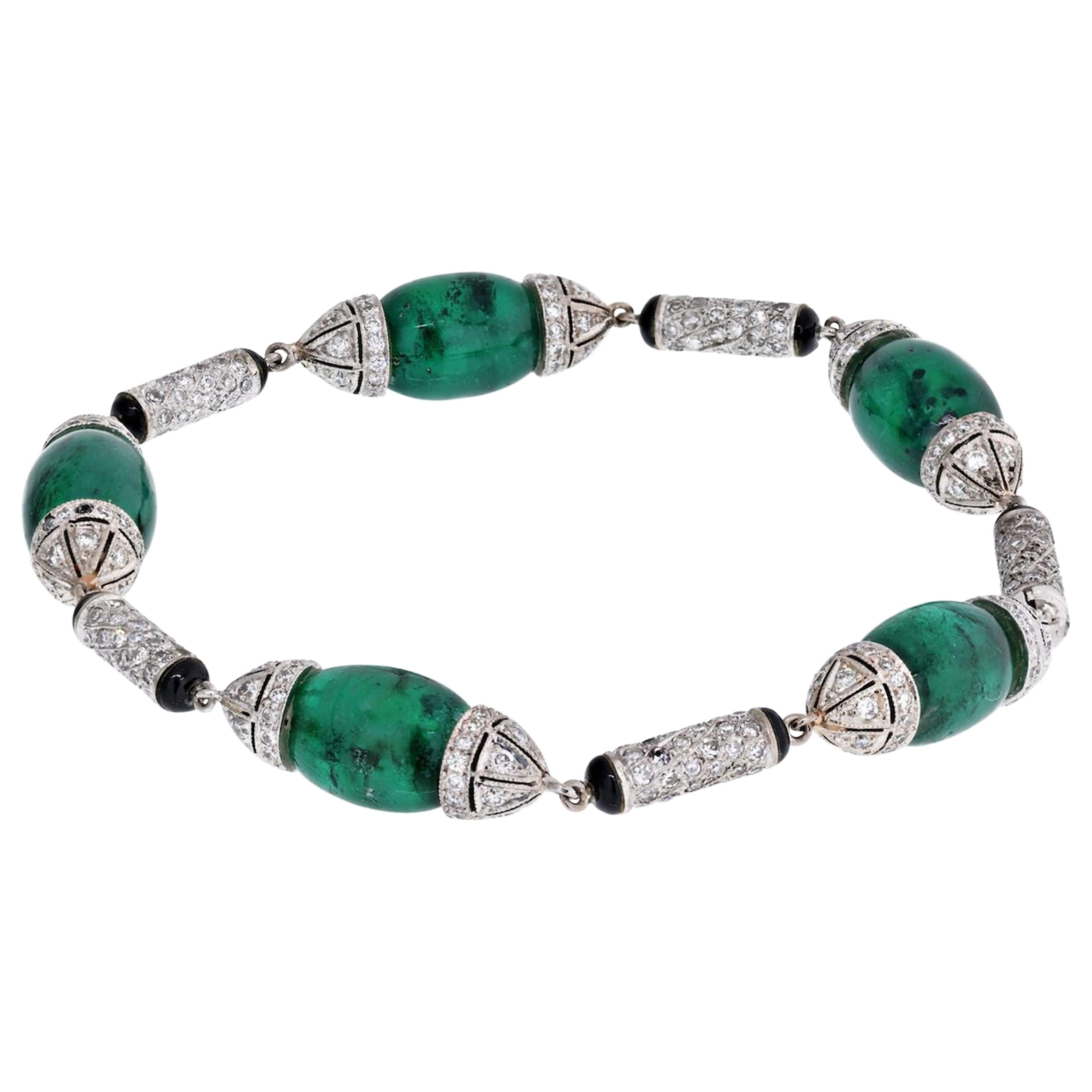 Platinum Green Emerald Cabochon Cut Link Diamond Station Bracelet