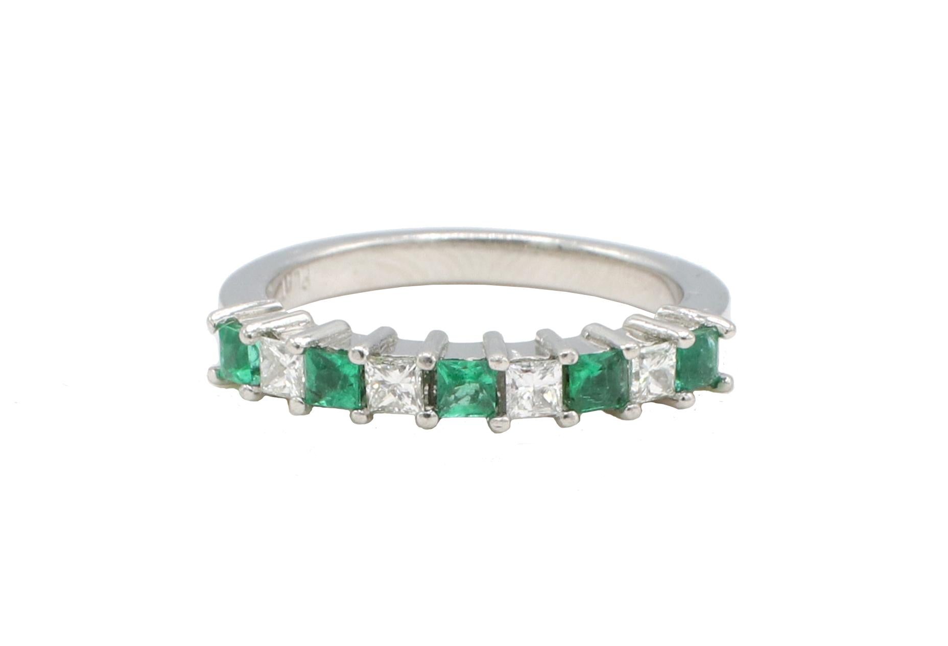 Platinum Green Emerald & Natural Diamond Half Band Ring 
Metal: Platinum
Weight: 5.11 grams
Diamonds: Approx. .20 CTW G VS princess cut natural diamonds
Emeralds: Approx. .25 CTW square emeralds 
Width: 2.3mm
Size: 6 (US)
