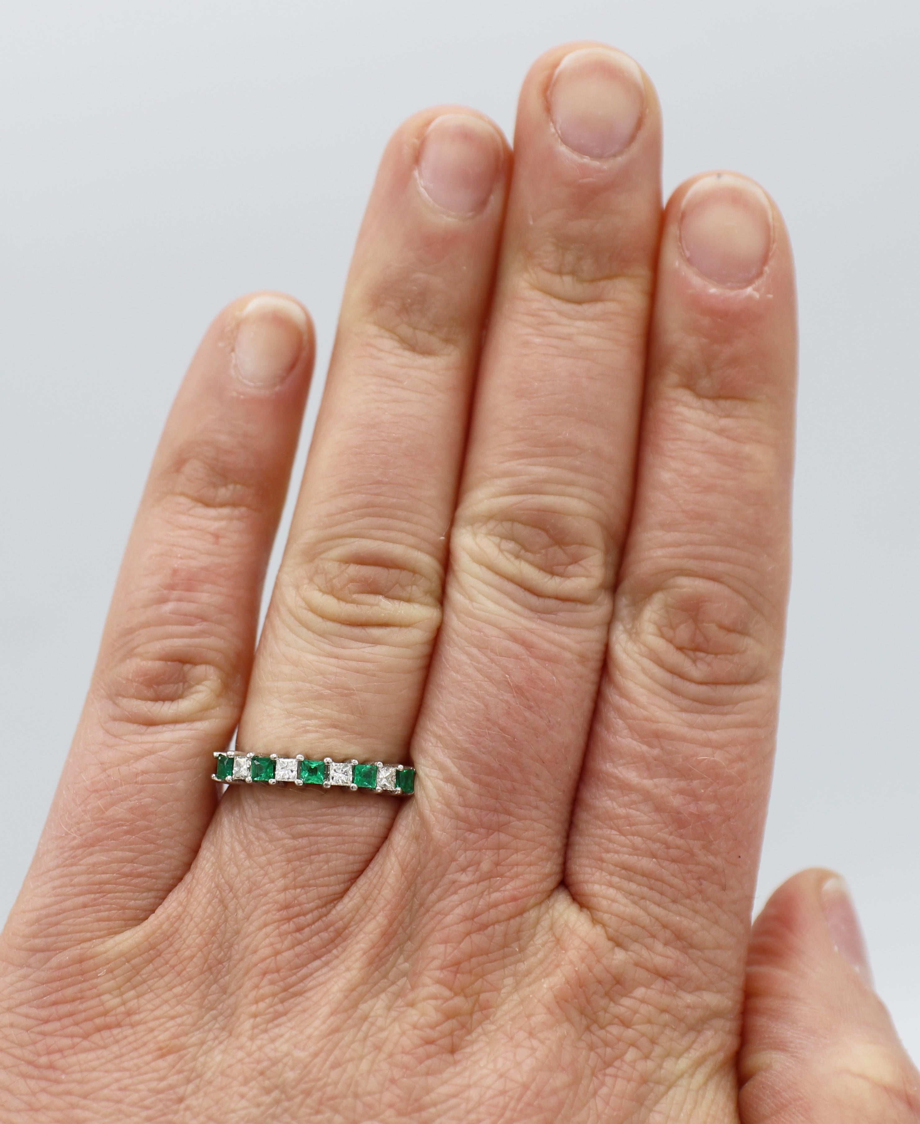 Modern Platinum Green Emerald & Natural Diamond Half Band Ring For Sale