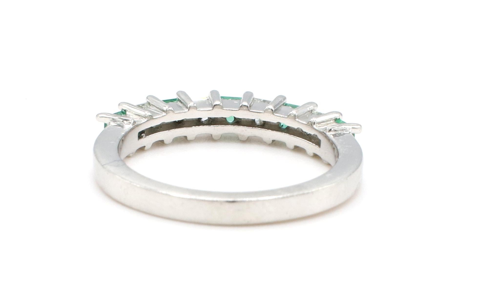 Square Cut Platinum Green Emerald & Natural Diamond Half Band Ring For Sale