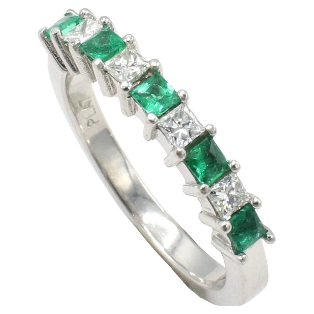 Platinum Green Emerald & Natural Diamond Half Band Ring For Sale