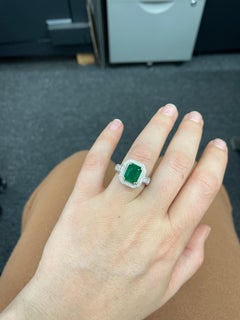 Platinum Green Emerald Diamond Halo Milligrain Ring 5.68 Carats