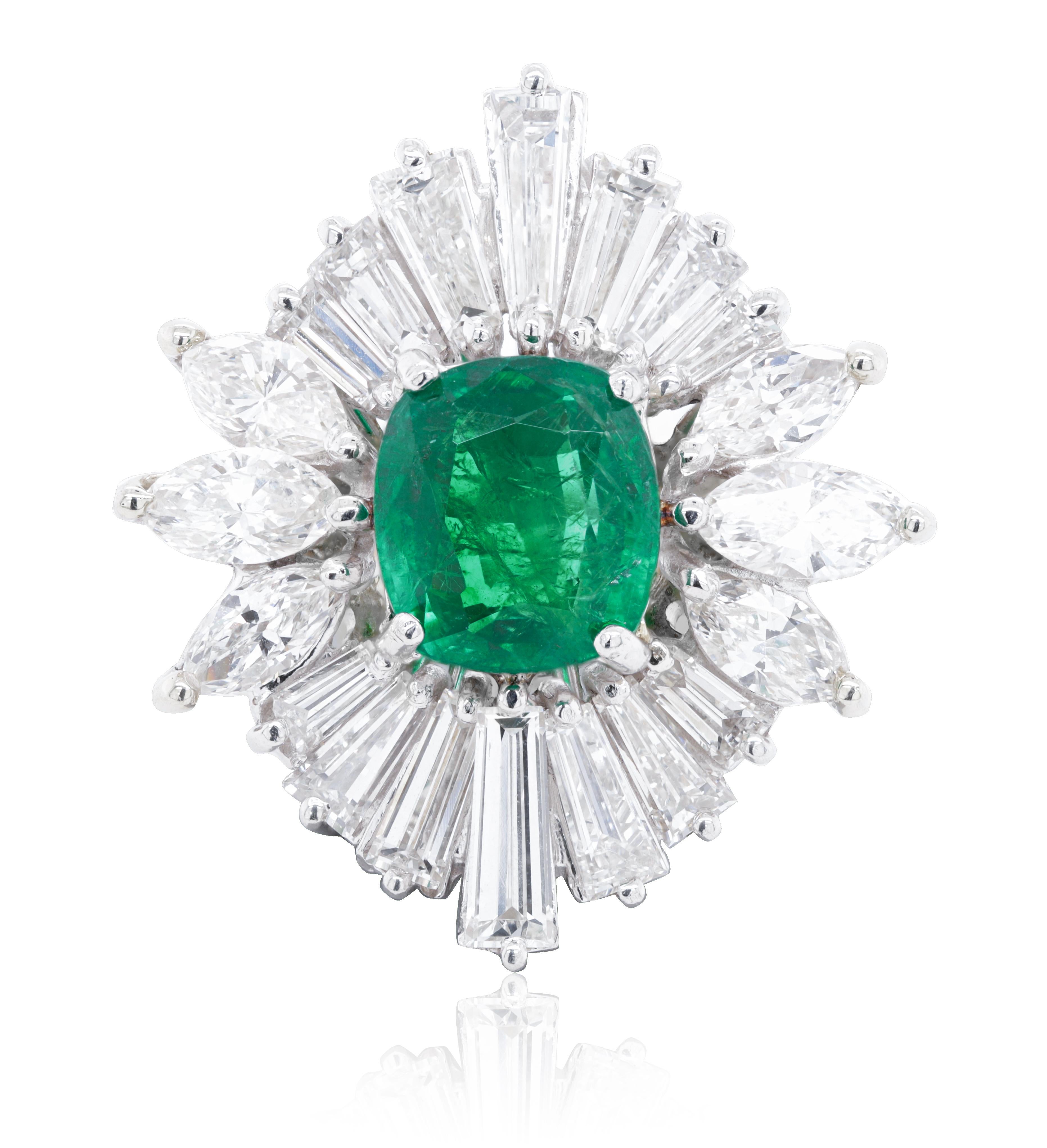 Platinum Green Emerald Diamond Ring With 2.82 Cushion Cut Emerald Surrounded By Baguettes And Marque Diamonds (6.50ct)  All The Way Around.

