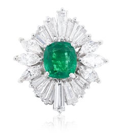 Platinum Green Emerald Diamond Ring with Baguettes and Marquise Diamonds