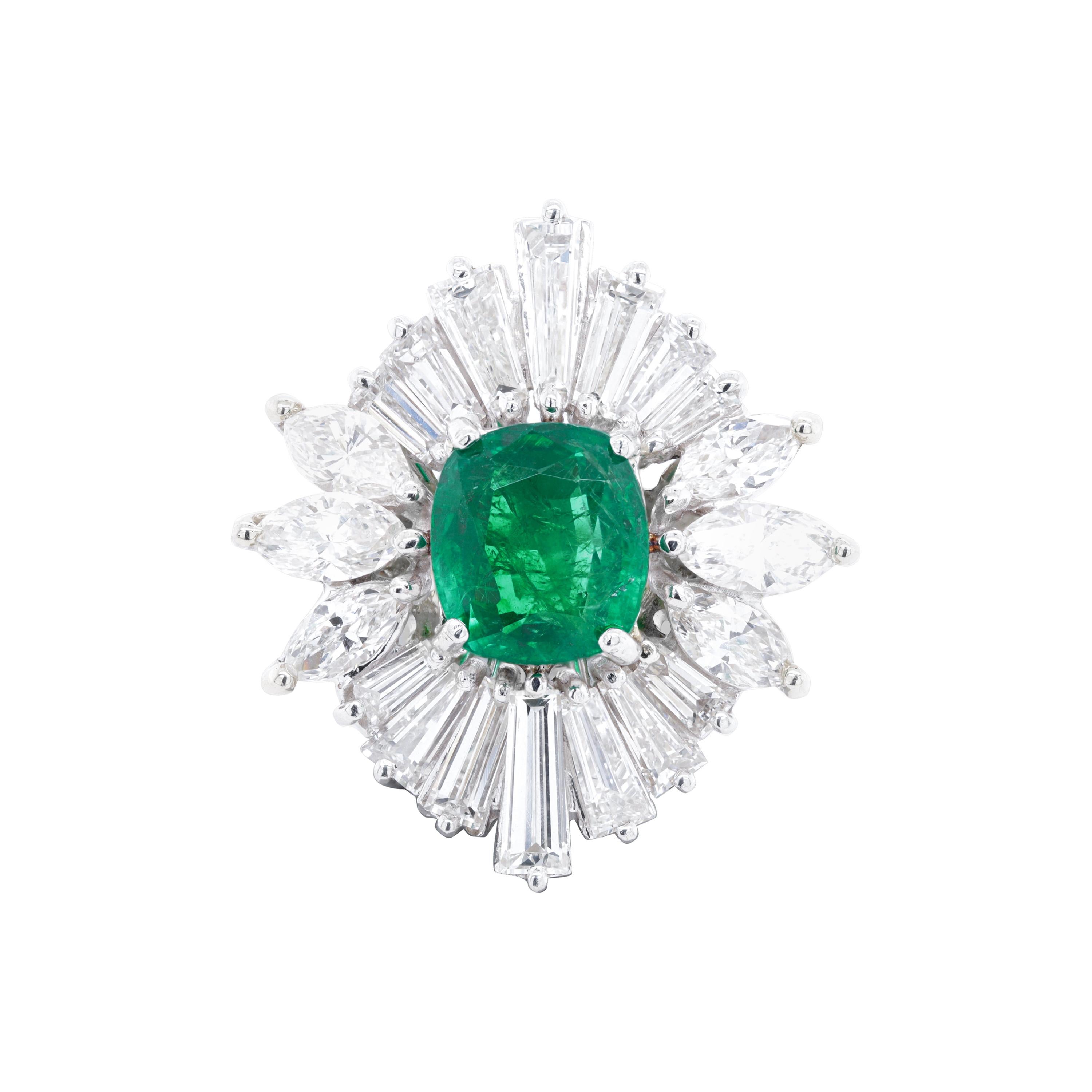Platinum Green Emerald Diamond Ring with Baguettes and Marquise Diamonds