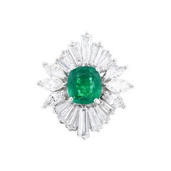 Platinum Green Emerald Diamond Ring with Baguettes and Marque Diamonds