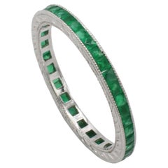 Platinum Green Emerald French Cut Wedding Band Ring