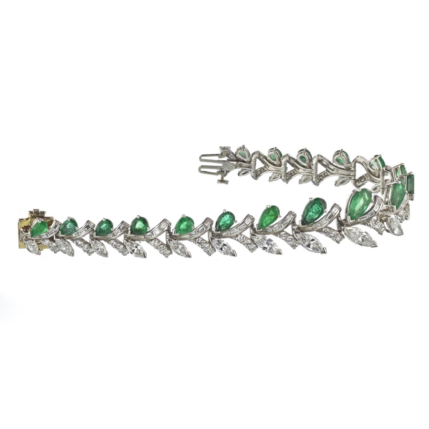 Retro Platinum Green Emerald, Marquise And Baguette Cut Diamond Bracelet For Sale
