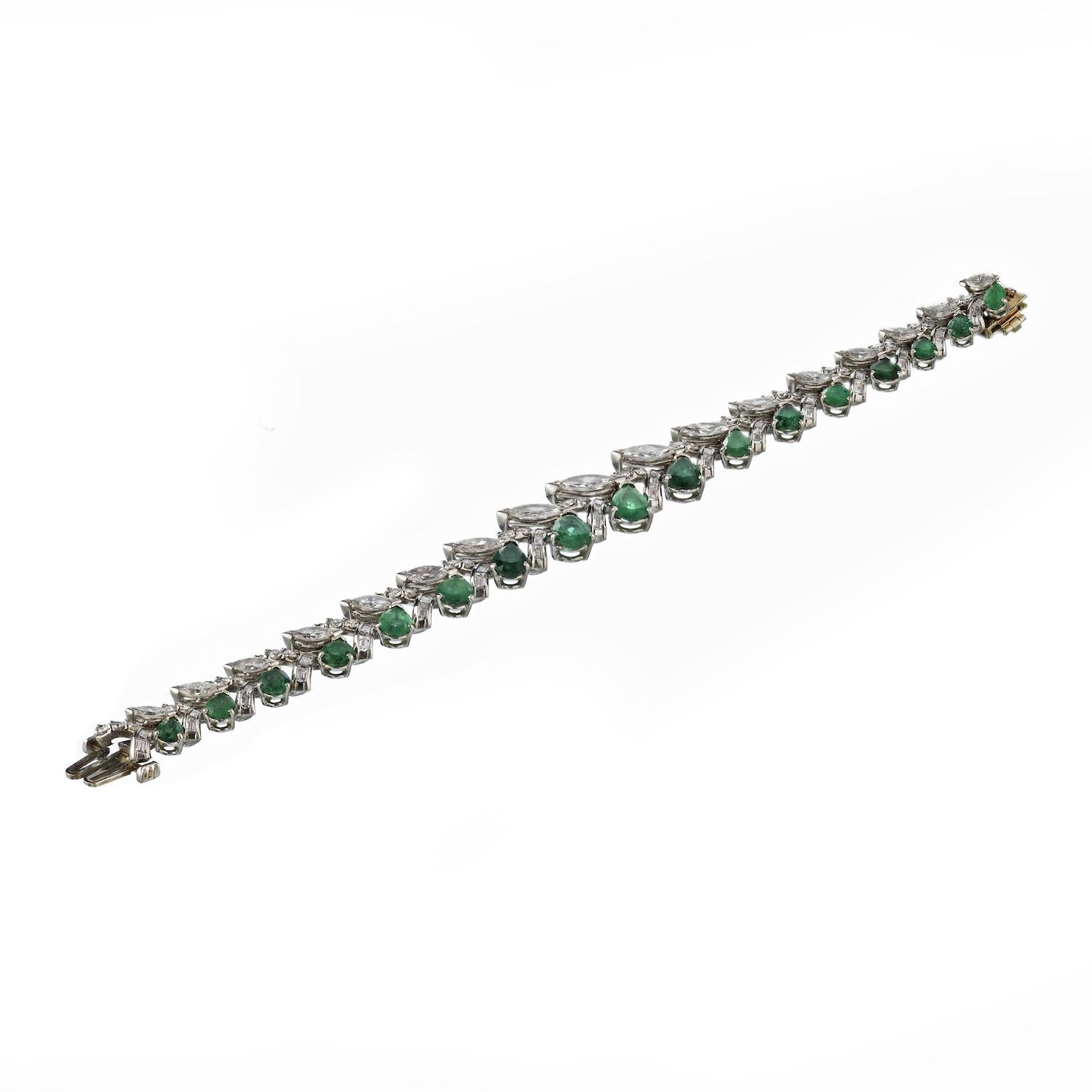 Pear Cut Platinum Green Emerald, Marquise And Baguette Cut Diamond Bracelet For Sale