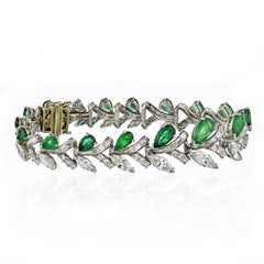 Retro Platinum Green Emerald, Marquise And Baguette Cut Diamond Bracelet