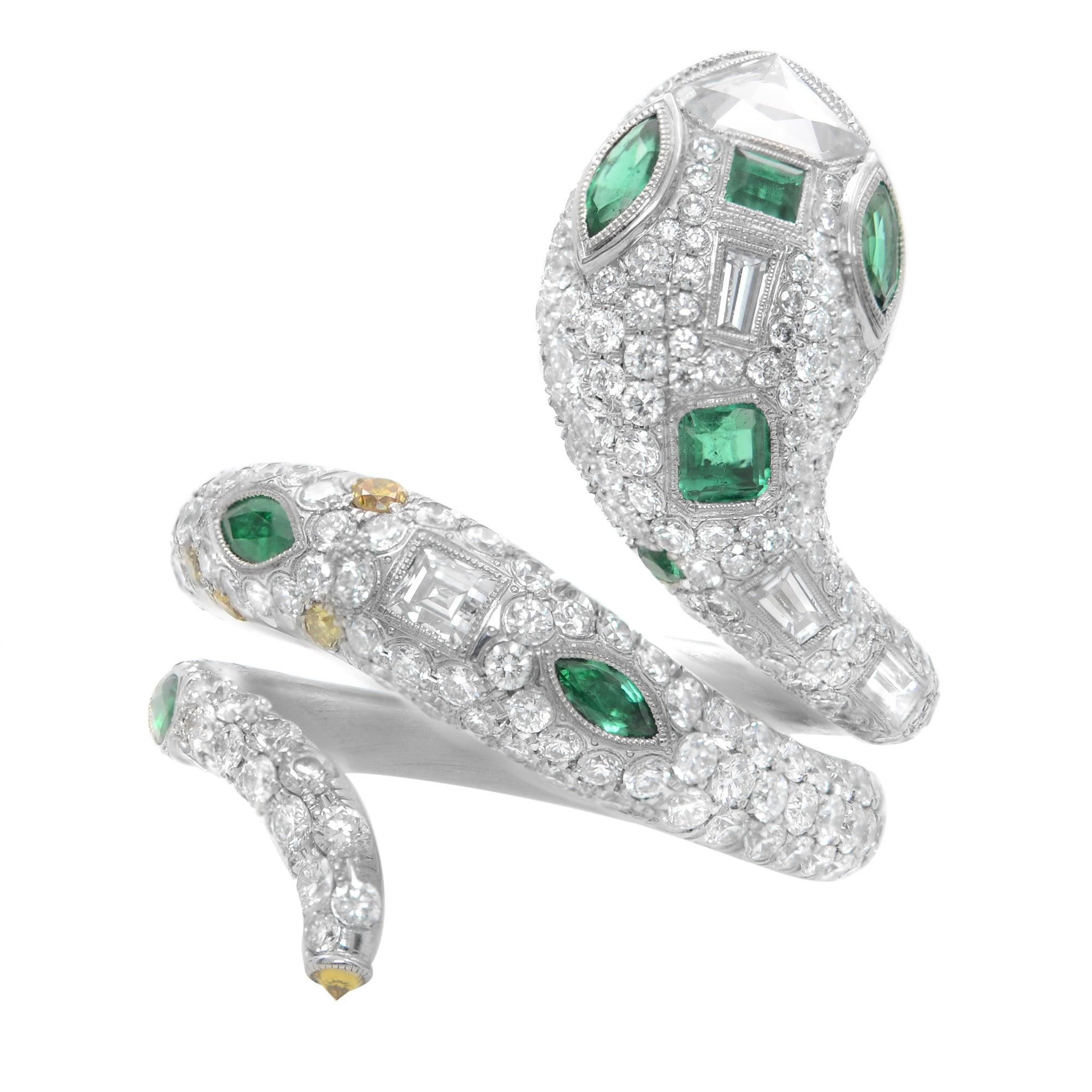 Fancy Bluish Green Color Diamond Emerald platinum Snake Wrap Ring at 1stDibs