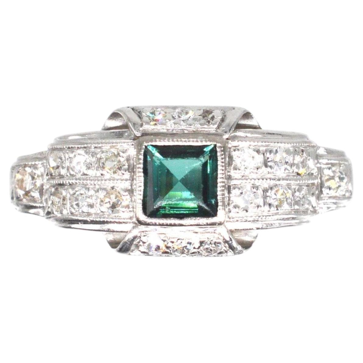 Platinum, Green Sapphire & Diamond Ring, Mid Century