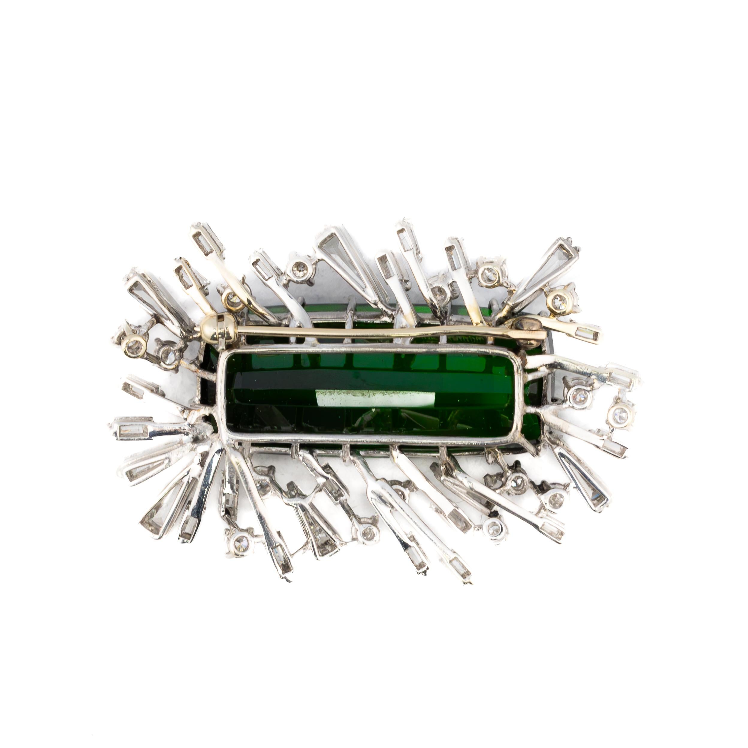 Retro Platinum Green Tourmaline and Diamond Brooch For Sale