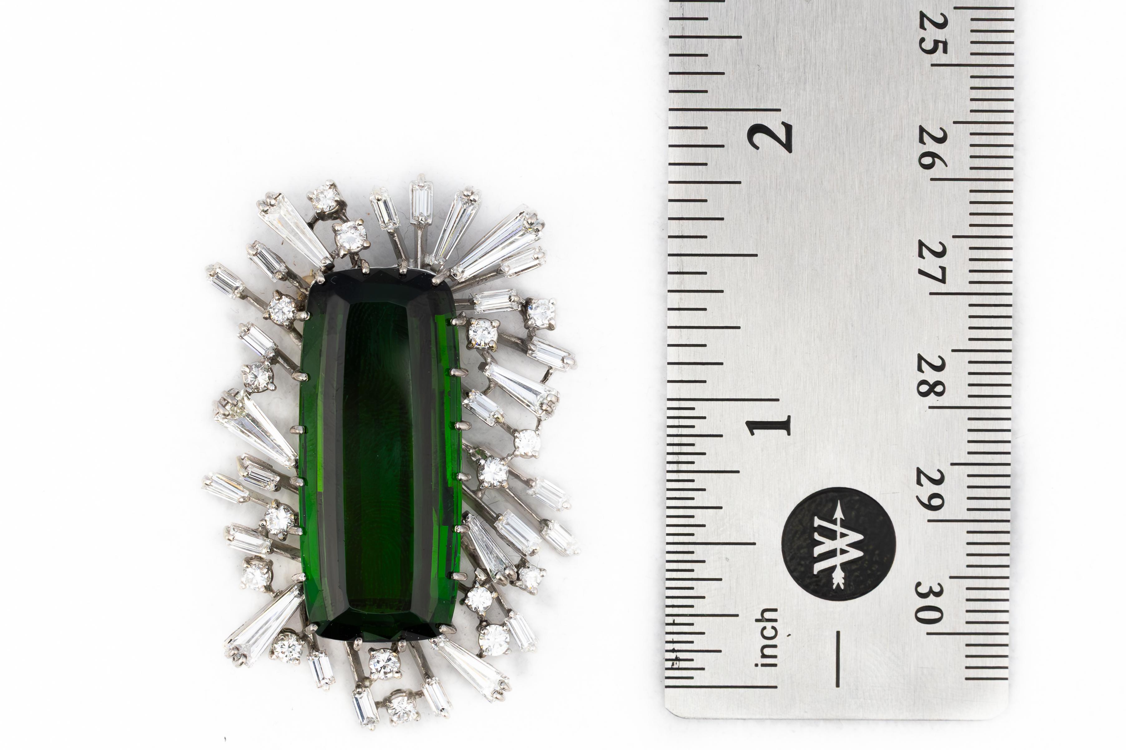 Emerald Cut Platinum Green Tourmaline and Diamond Brooch For Sale