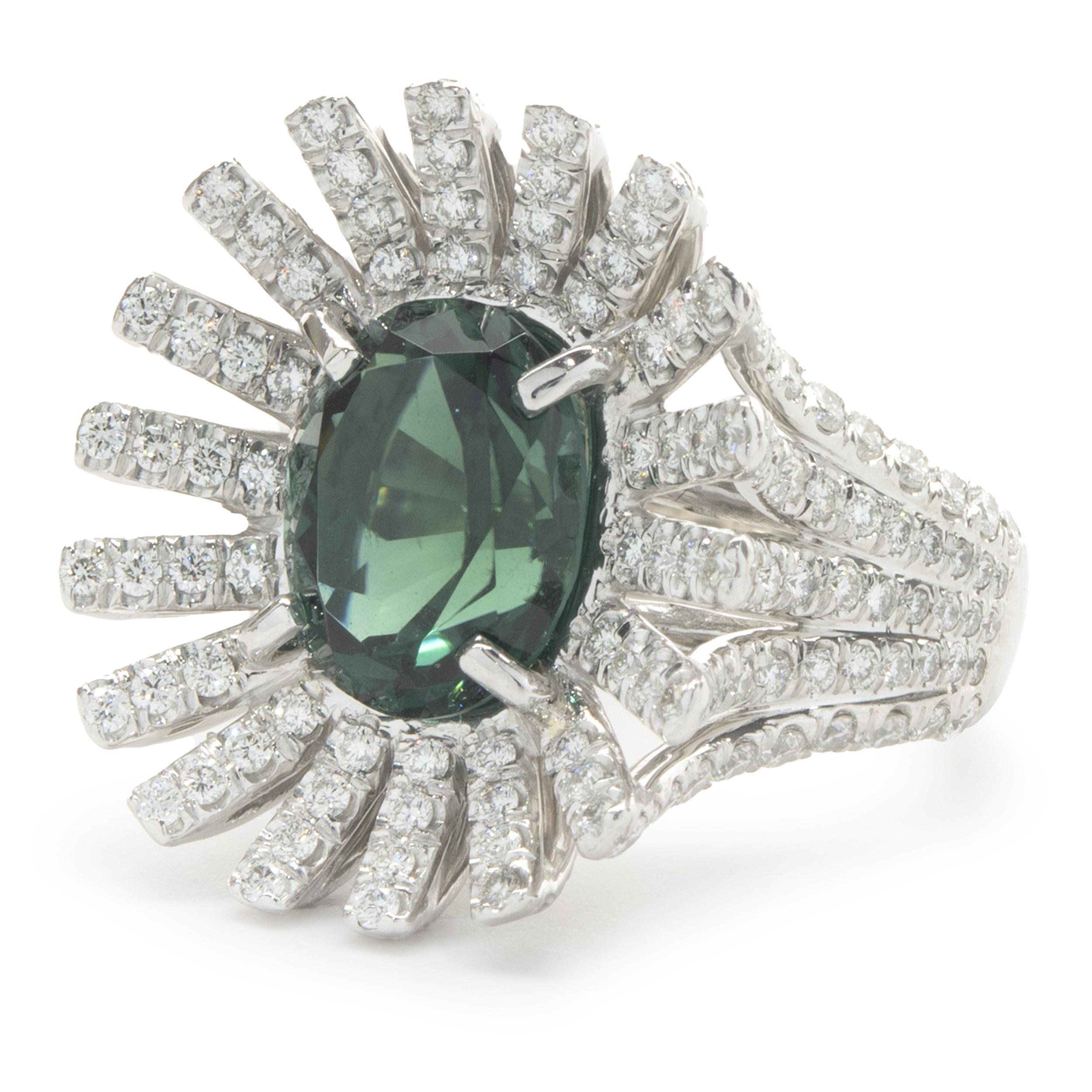 Oval Cut Platinum Green Tourmaline and Diamond Spray Ring For Sale