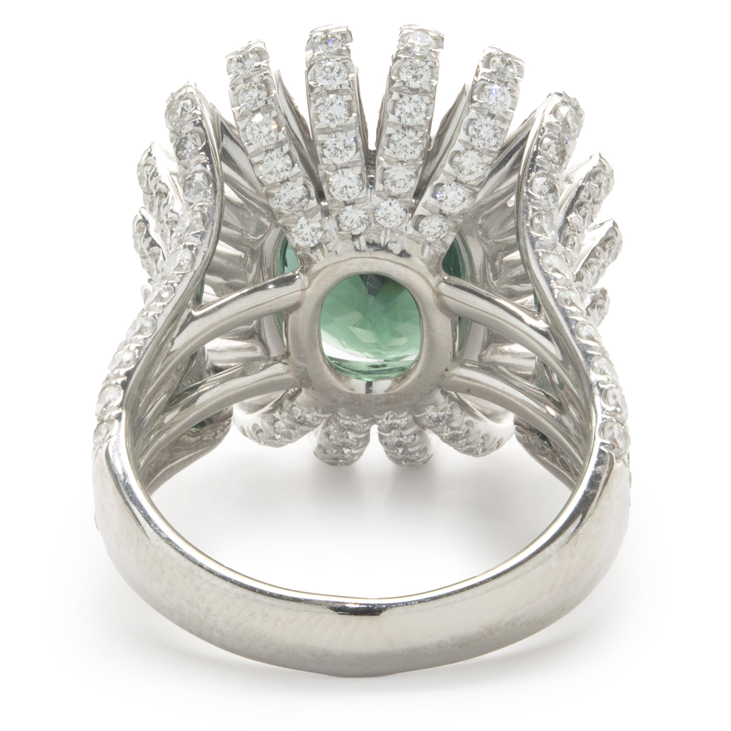 Platinum Green Tourmaline and Diamond Spray Ring In Excellent Condition For Sale In Scottsdale, AZ