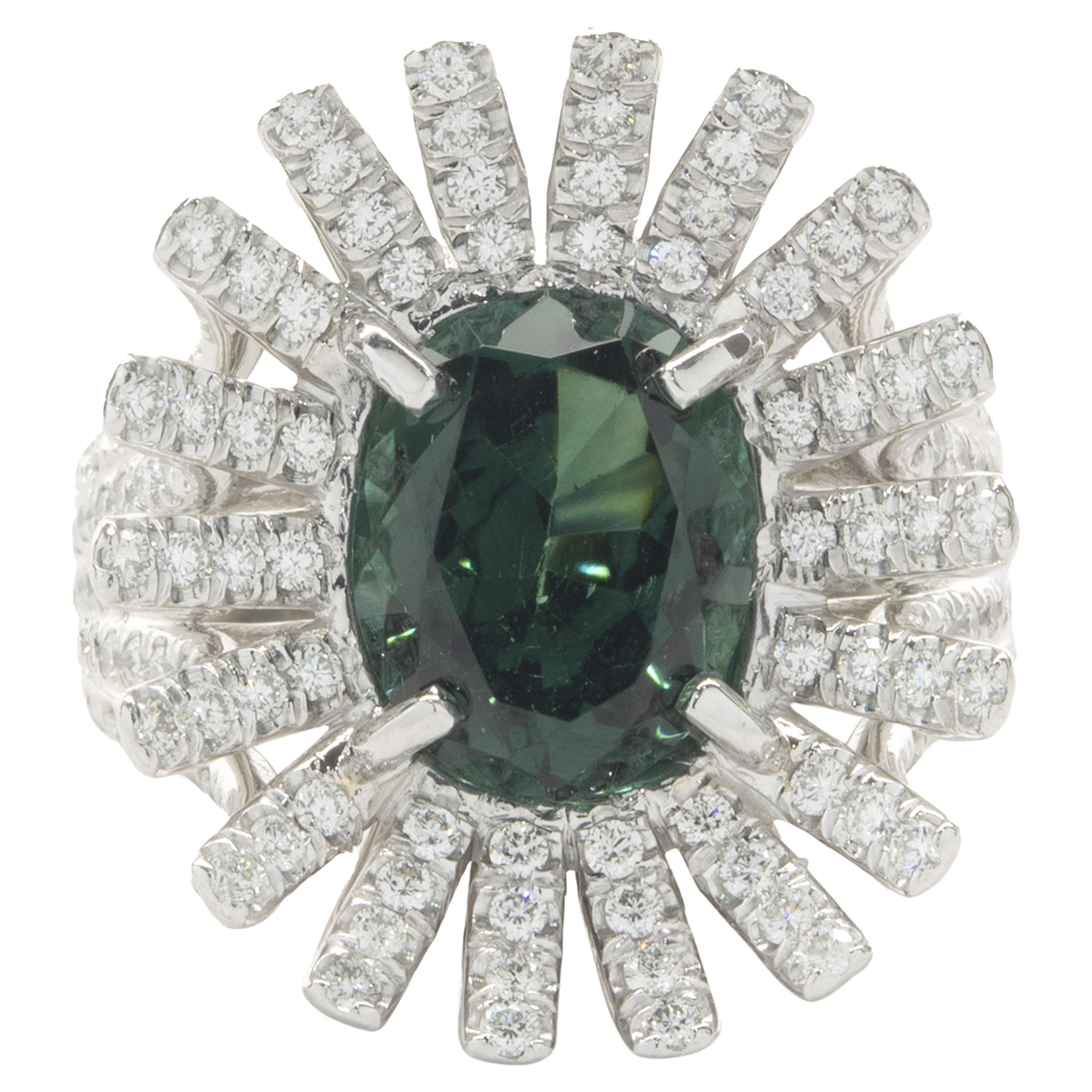 Platinum Green Tourmaline and Diamond Spray Ring For Sale