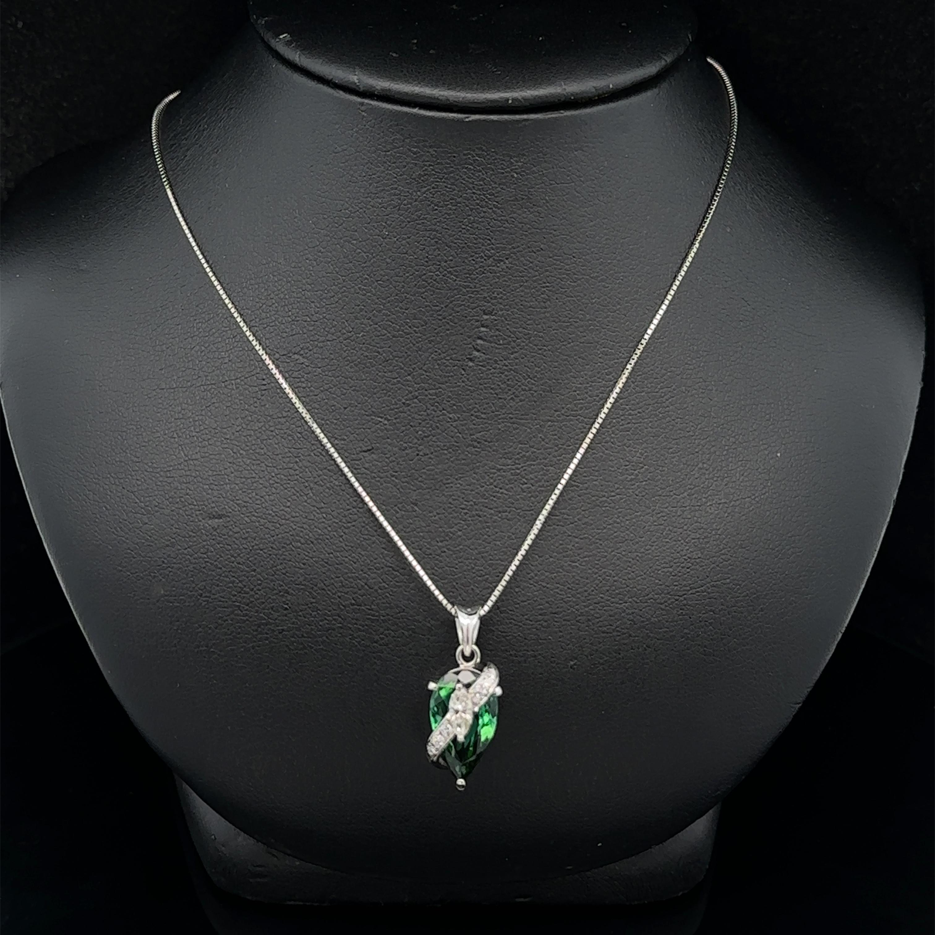 Platinum Green Tourmaline & Diamond Teardrop Pear Pendant w/ Adjustable Chain For Sale 5