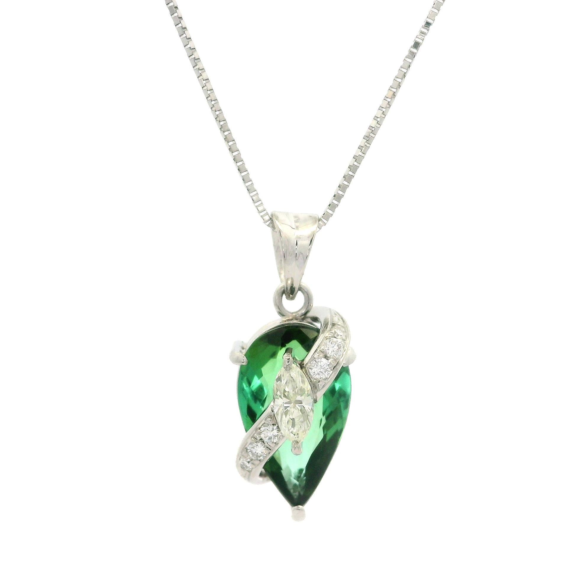 Platinum Green Tourmaline & Diamond Teardrop Pear Pendant w/ Adjustable Chain For Sale 6