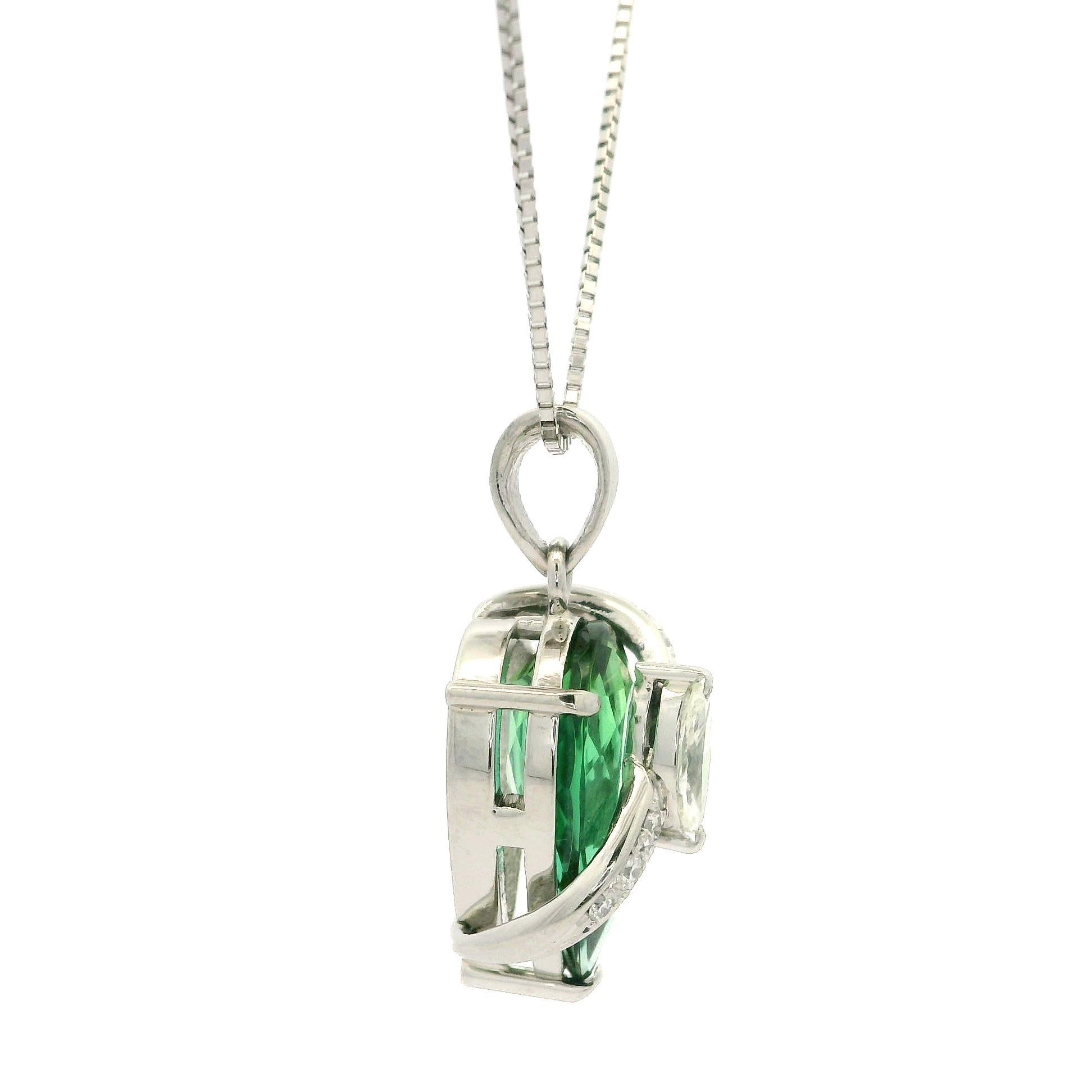 Platinum Green Tourmaline & Diamond Teardrop Pear Pendant w/ Adjustable Chain For Sale 7