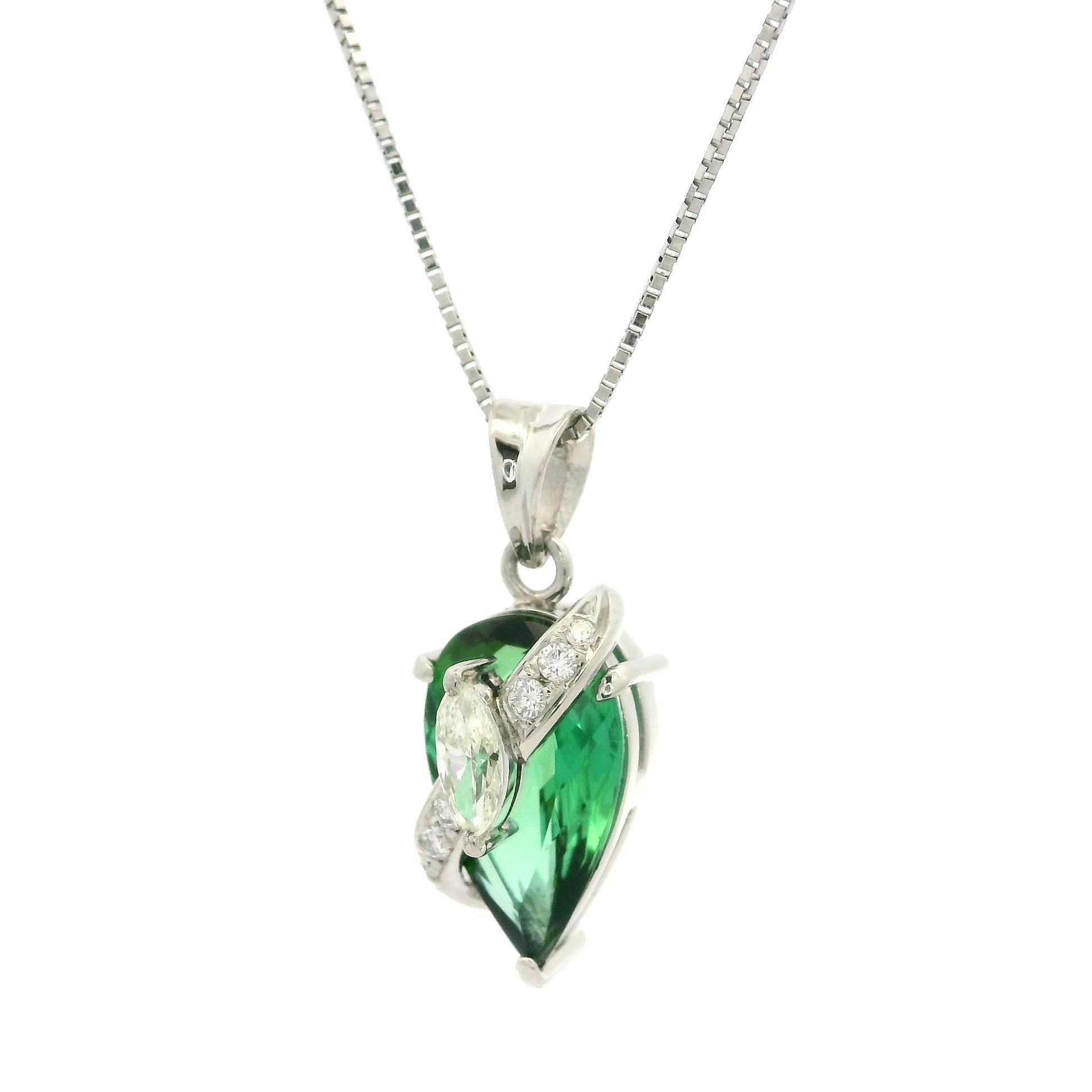 Platinum Green Tourmaline & Diamond Teardrop Pear Pendant w/ Adjustable Chain For Sale 8