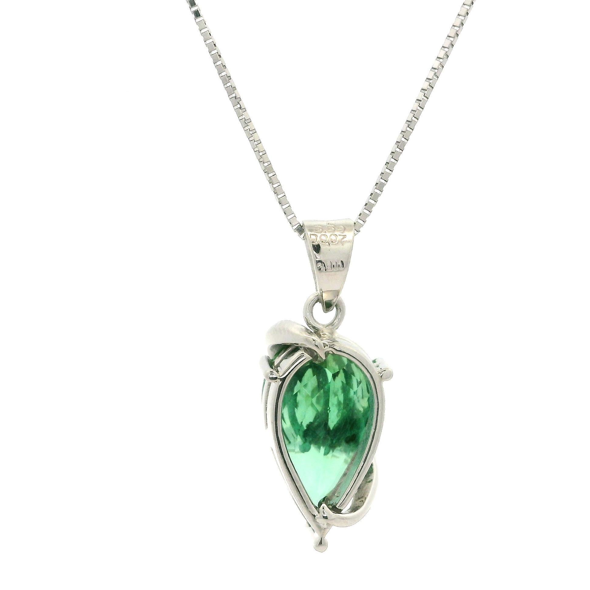Women's Platinum Green Tourmaline & Diamond Teardrop Pear Pendant w/ Adjustable Chain For Sale