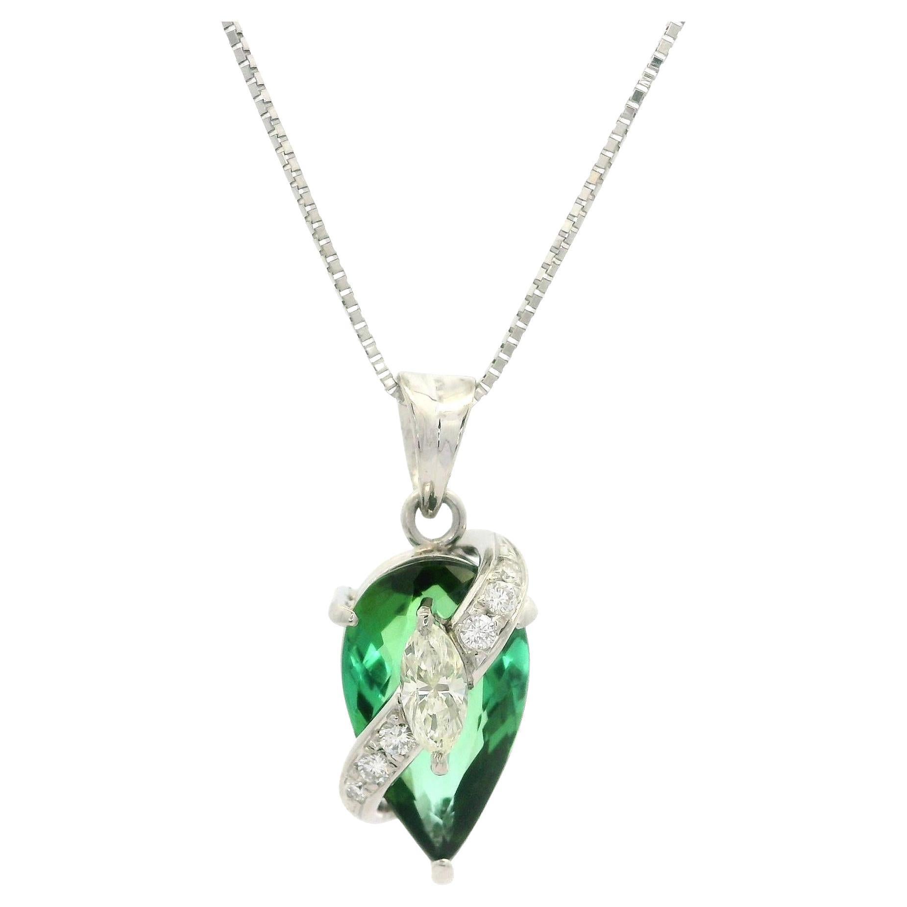 Platinum Green Tourmaline & Diamond Teardrop Pear Pendant w/ Adjustable Chain For Sale