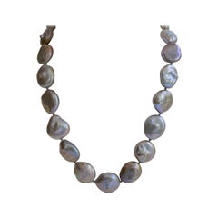 Platinum Grey Coin Keshi Cultured Pearls 925 Sterling Silver Necklace