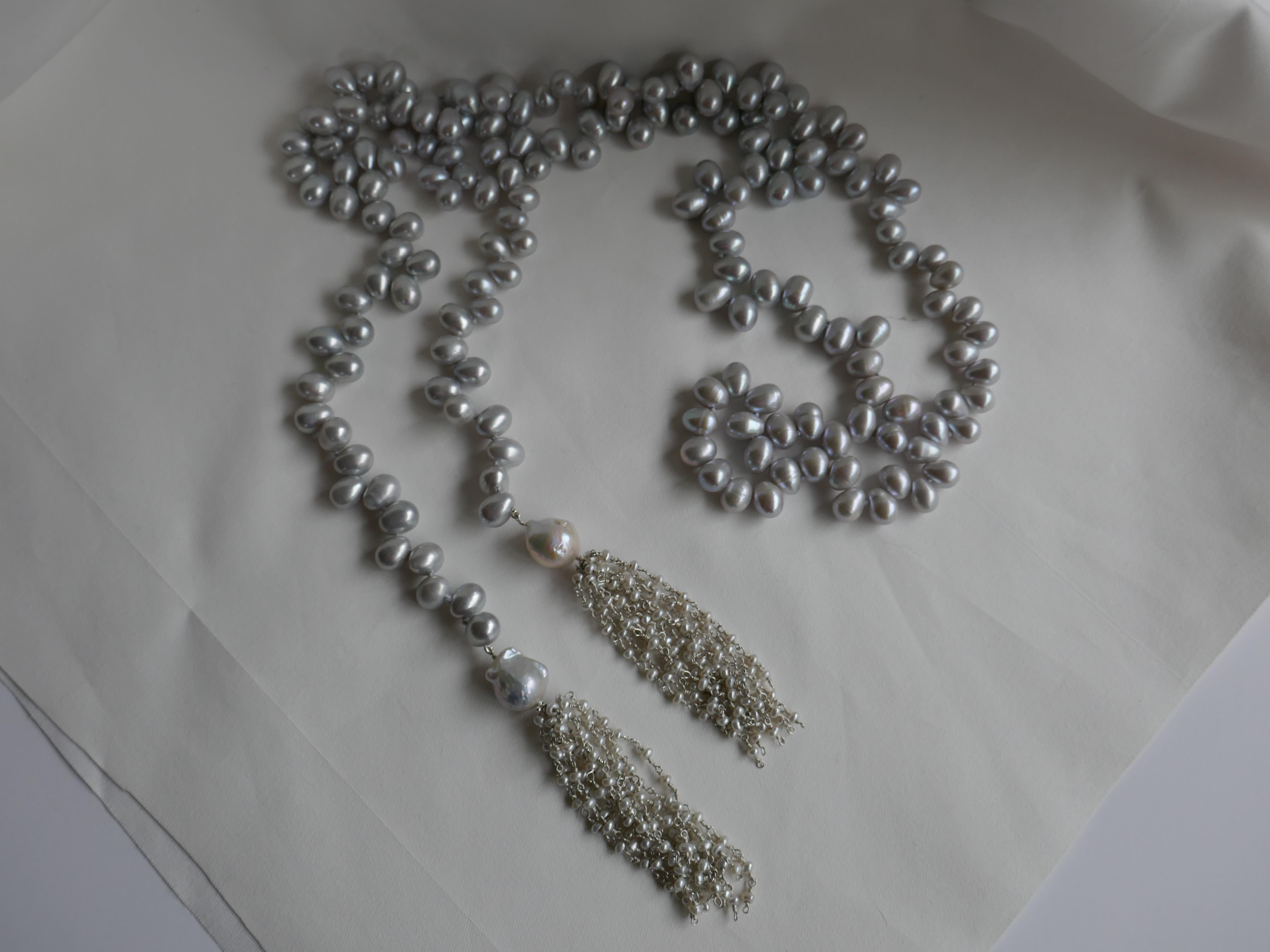 Platinum Grey Cultured Drop Pearls Baroque Sterling Tassel Long Lariat Necklace For Sale 1