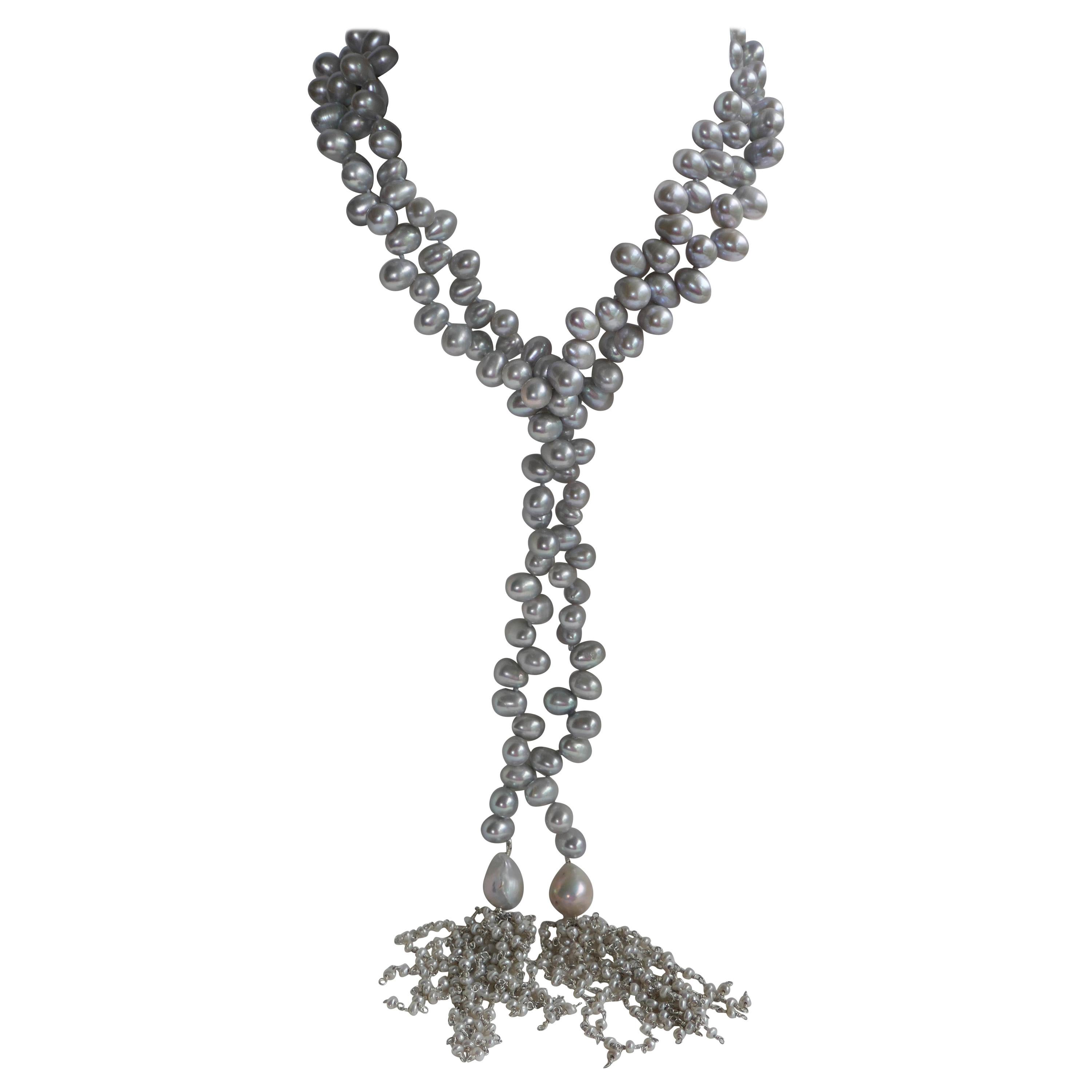 Platinum Grey Cultured Drop Pearls Baroque Sterling Tassel Long Lariat Necklace For Sale