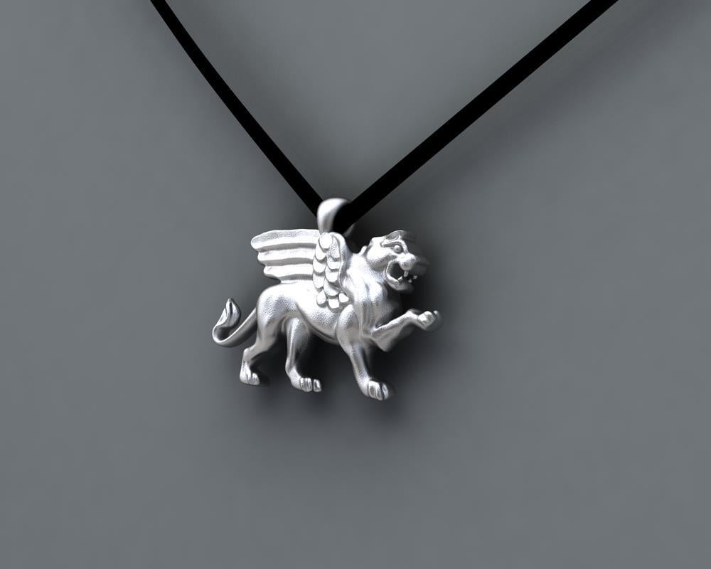 Contemporary Platinum Winged Lion Griffin Pendant Necklace For Sale