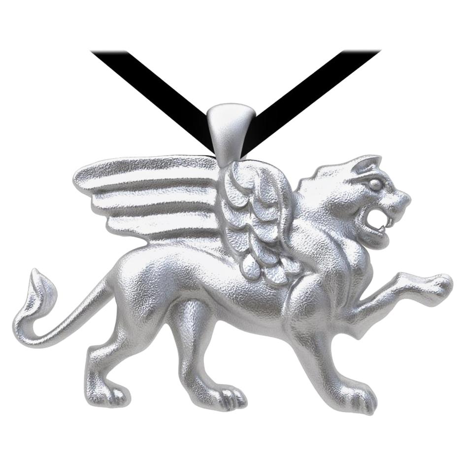 Platinum Winged Lion  Griffin  Pendant Necklace.  Tiffany designer , Thomas Kurilla created this for 1st dibs exclusively. Sculpture is my passion. Griffins are typically from Persia. This griffin is getting ready to take on his enemy 4 teeth and