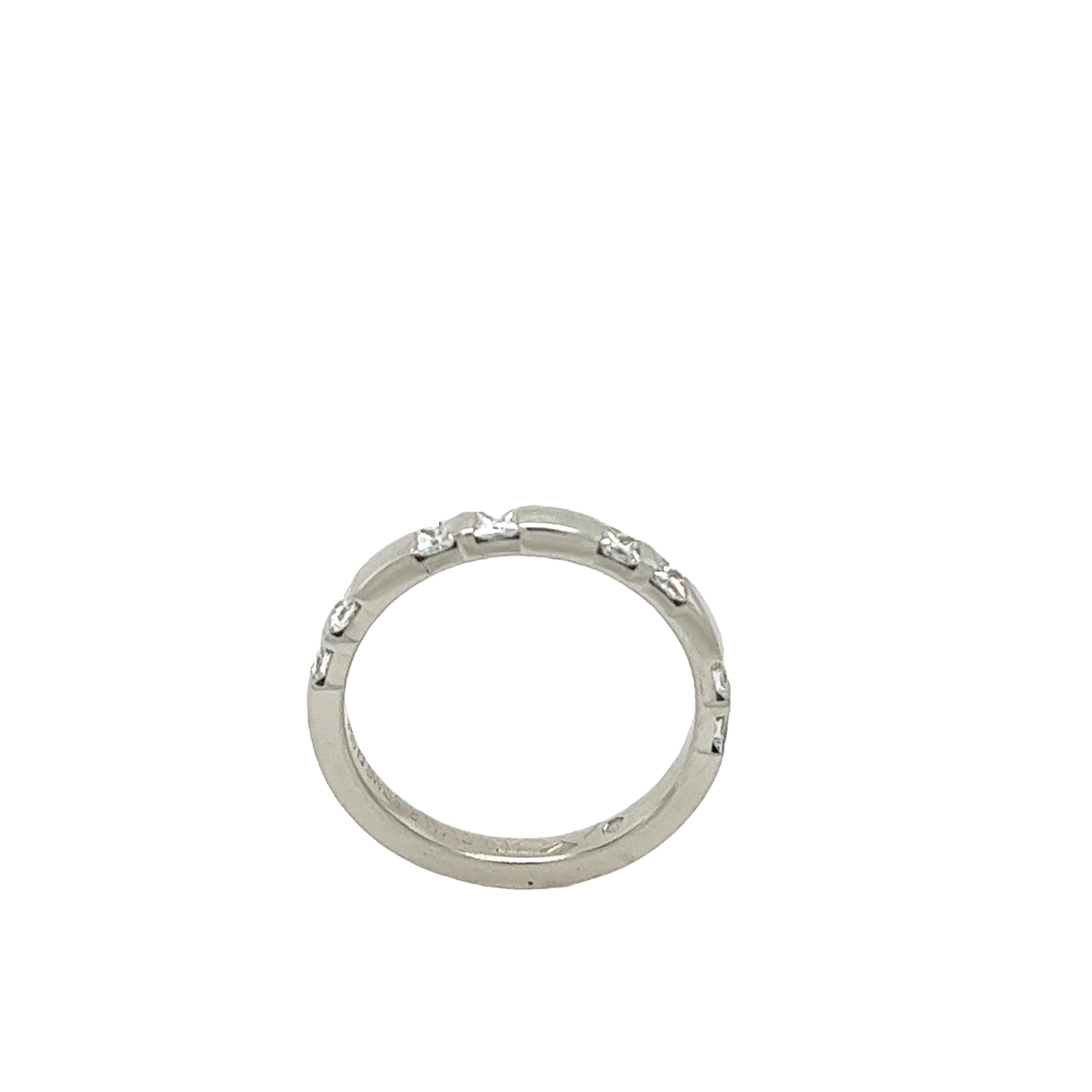 A simple and elegant design with stunning 0.44ct of natural princess cut
diamonds, this platinum ring is perfect for 
a wedding band or as an eternity ring. 
Total Diamond Weight: 0.44ct
Diamond Colour: H
Diamond Clarity: VS
Width of Band: