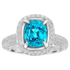 Retro Platinum Halo Cushion Blue Zircon and Diamond Ring 'Center-4.38 Carat'