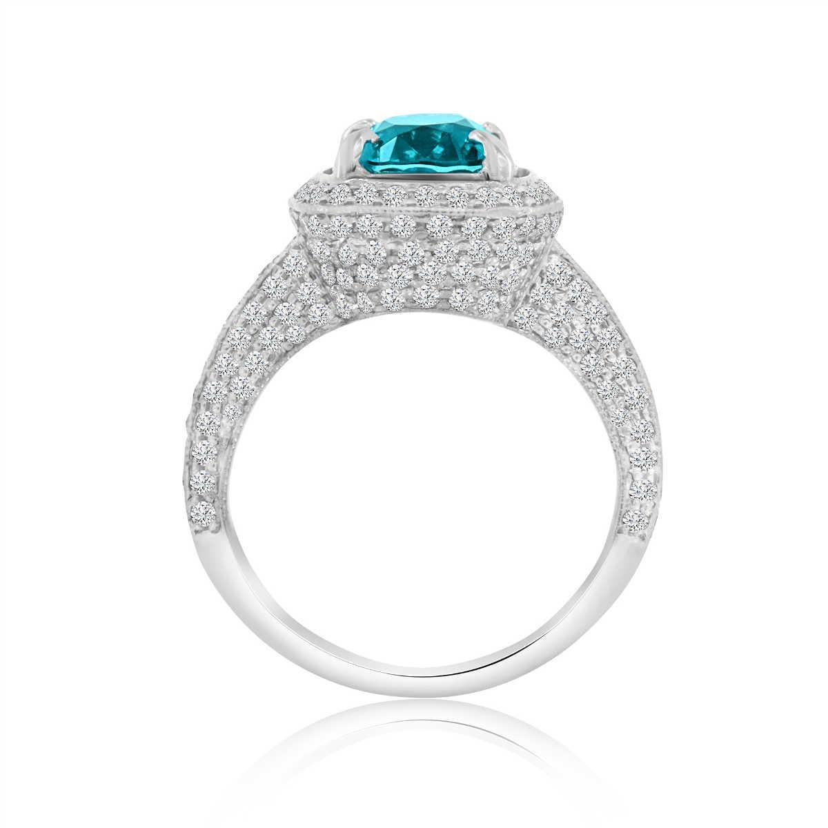 Platinum Halo Cushion Blue Zircon and Diamond Ring 'Center-4.38 Carat' In Excellent Condition In San Francisco, CA
