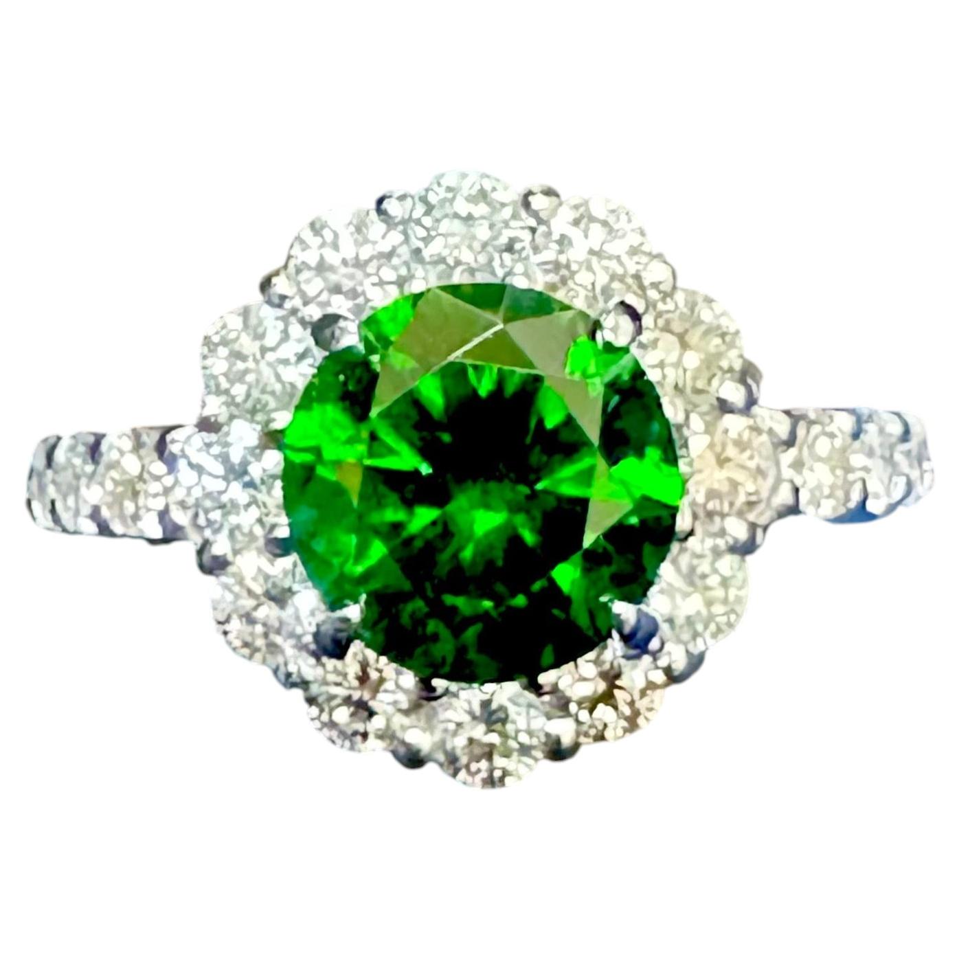 Platinum Halo Diamond GIA Certified 2.30 Carat Russian Demantoid Garnet Ring