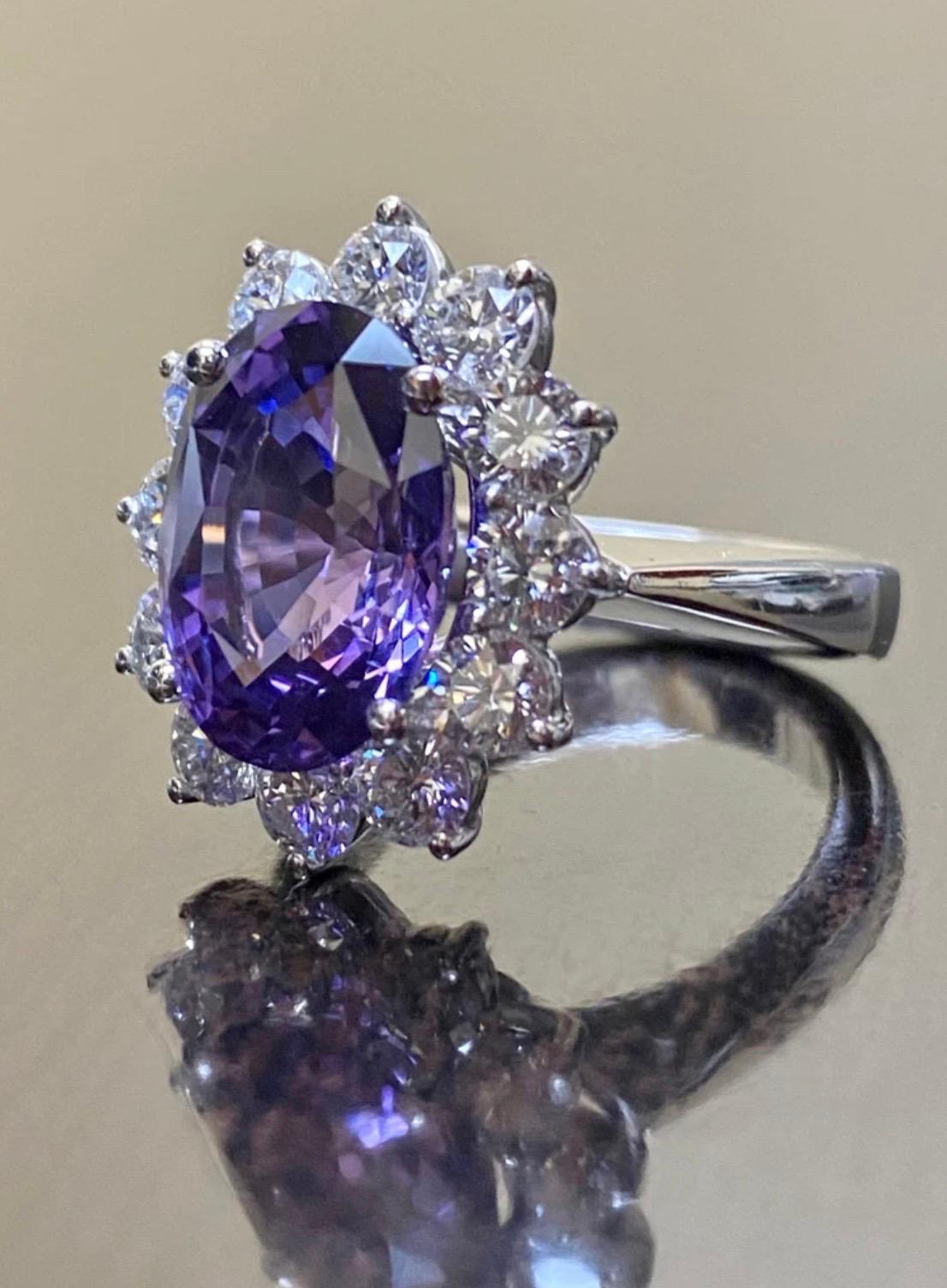Oval Cut Platinum Halo Diamond Gia No Heat Color Change Purple Sapphire Engagement Ring For Sale