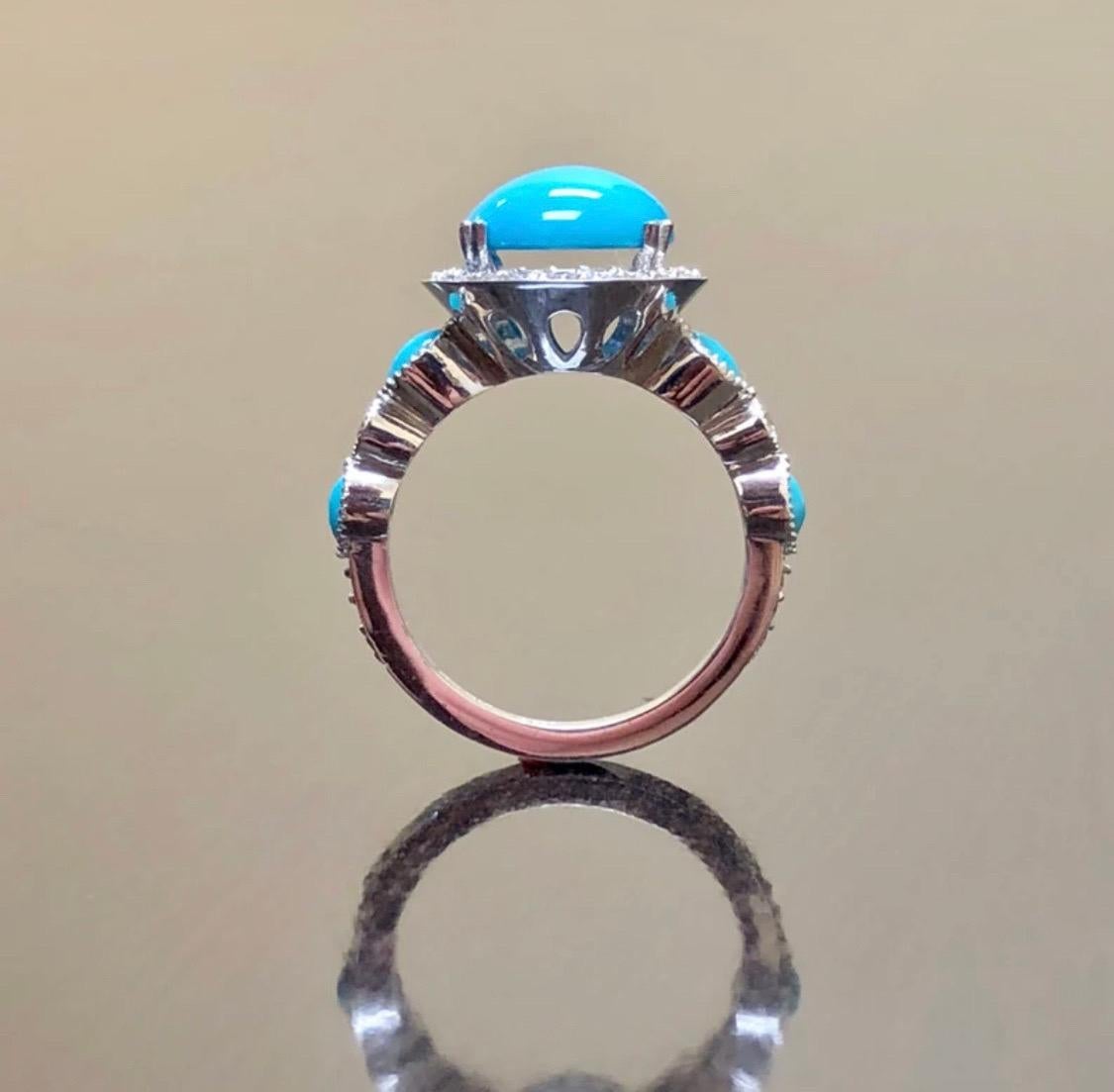 Platinum Halo Diamond Oval Sleeping Beauty Turquoise Engagement Ring In New Condition For Sale In Los Angeles, CA