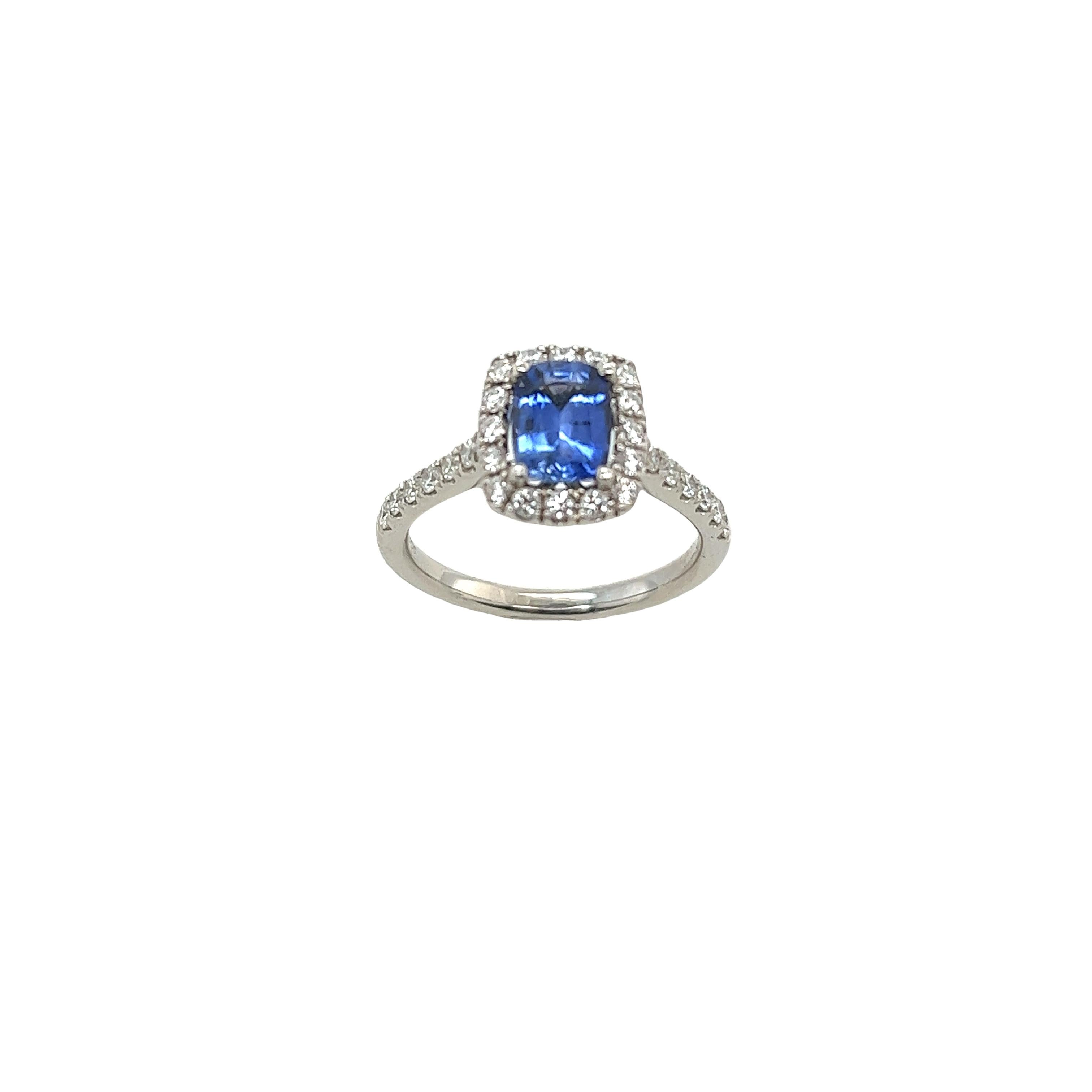 Women's Platinum Halo Diamond & Sapphire Ring Set with 1.04ct Cushion Sapphire For Sale