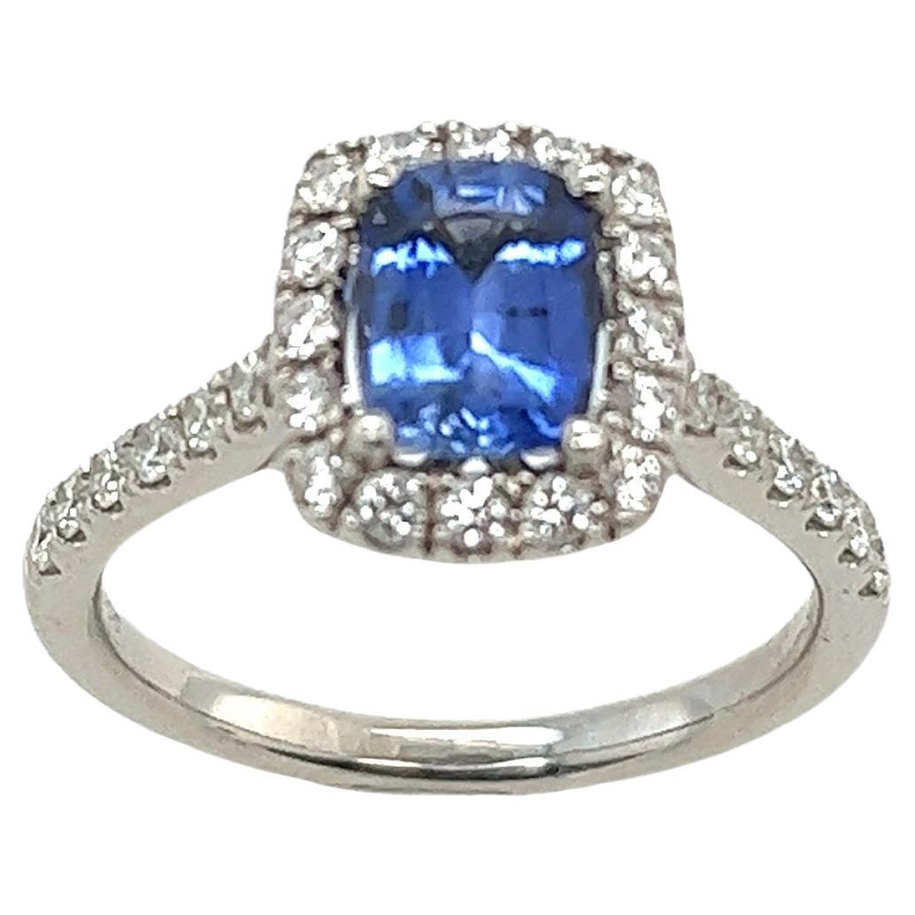 Platinum Halo Diamond & Sapphire Ring Set with 1.04ct Cushion Sapphire For Sale