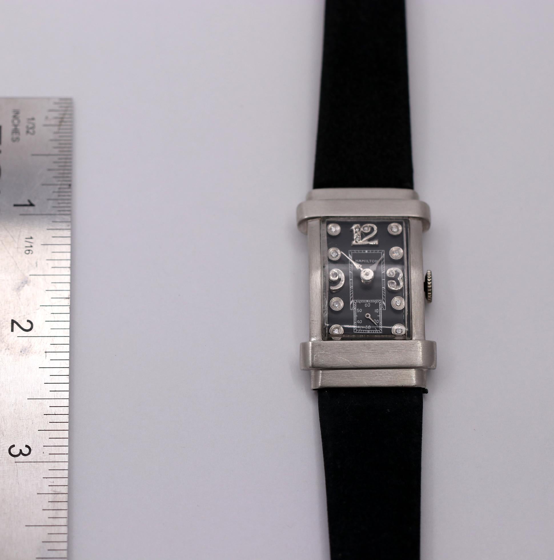 Platinum Hamilton Watch with Black Dial and Diamond Numerals 2