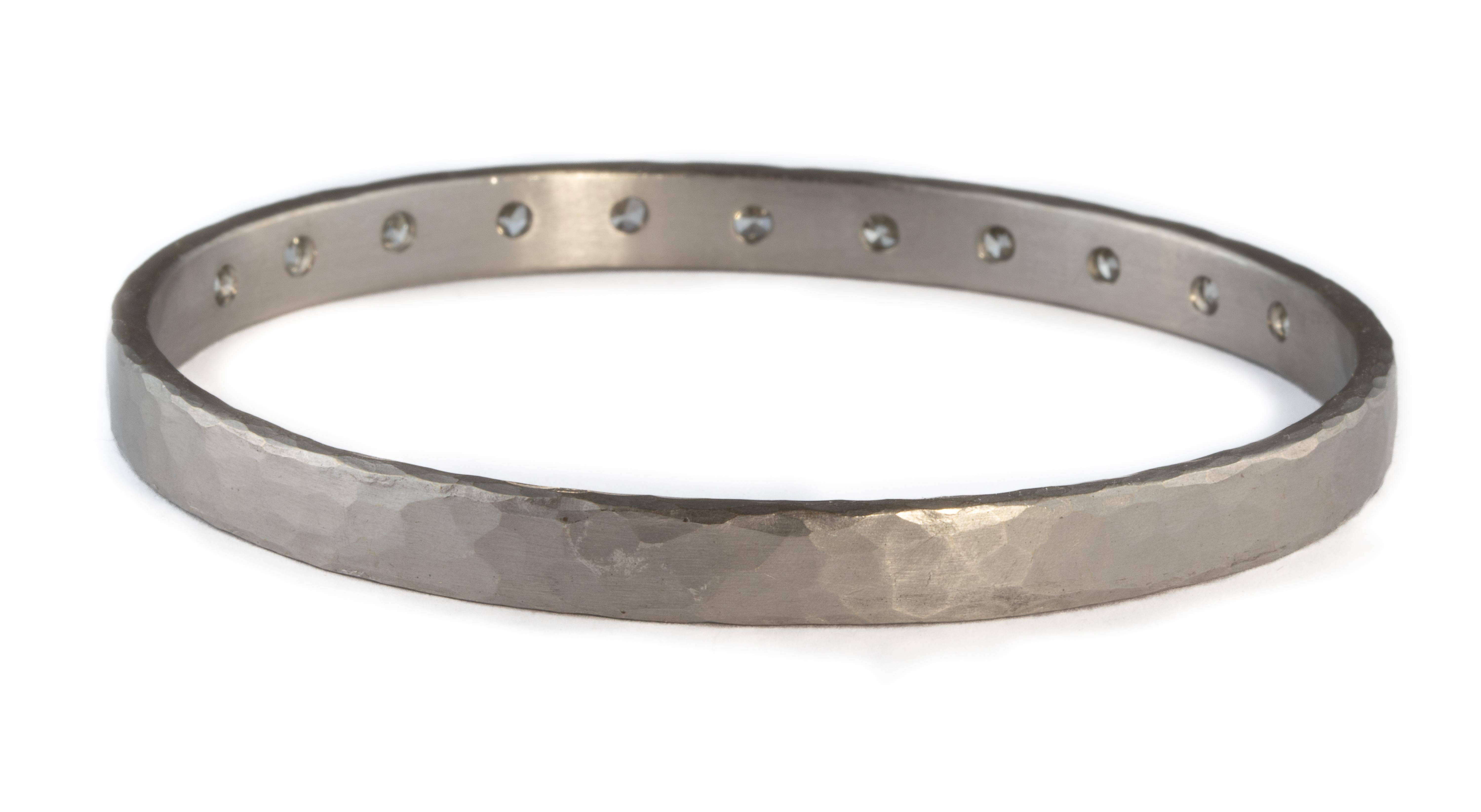 Contemporary platinum hammered bangle with antique old cut diamonds 2.80cts For Sale